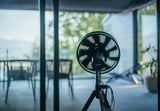Black NatureWind Studio seen from behind on a terrace, doors open to the garden