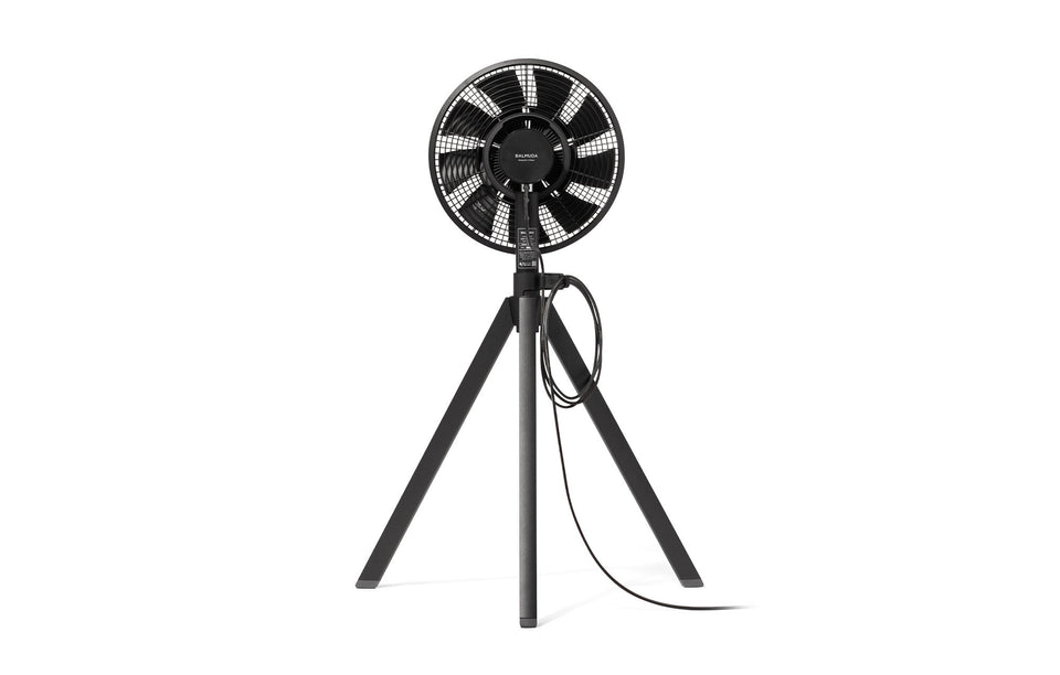 Back of the black NatureWind Studio, with the BALMUDA hub cap and screw-fastened guard