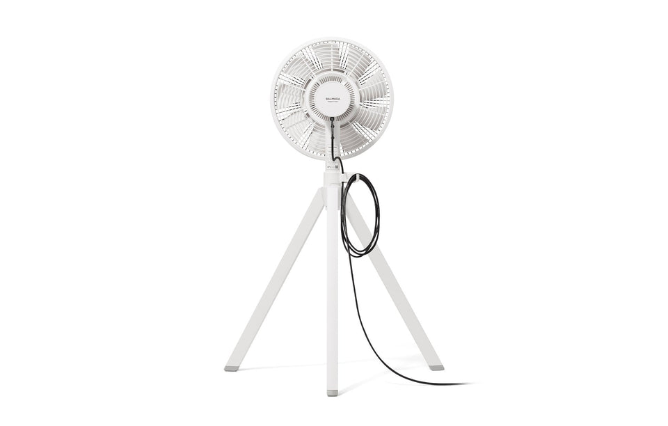 Back of the white NatureWind Studio, with the BALMUDA hub cap and screw-fastened guard