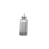 Silver electronic device with a small antenna on a white background