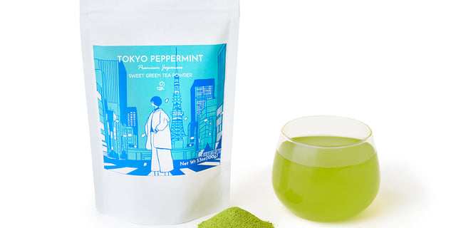 Tokyo Peppermint - Premium Japanese Sweet Green Tea Powder and a glass