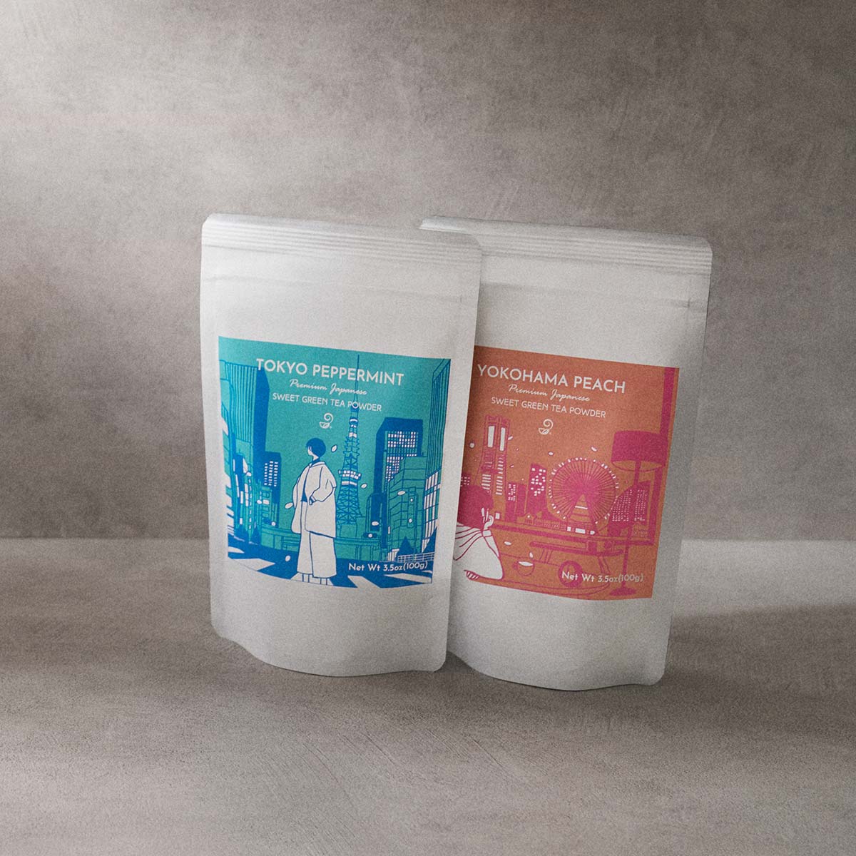 Tokyo Peppermint and Yokohama Peach Set - Japanese Sweet Powder Green Tea Lifestyle Shot
