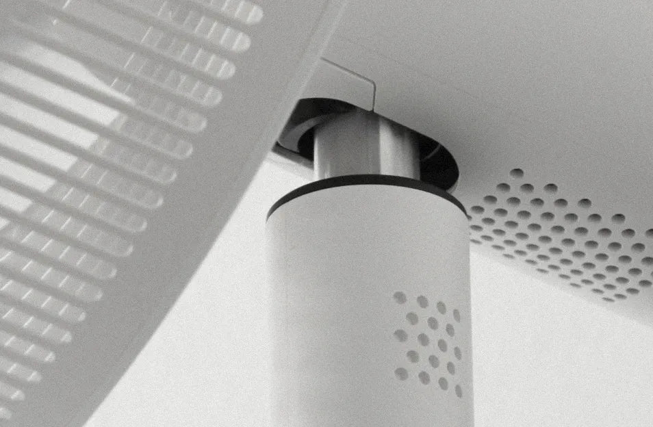 Close-up of the white NatureWind Studio's tilt joint and control column
