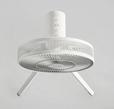 White NatureWind Studio tilted upward, showing the dual blades, tripod legs and control buttons