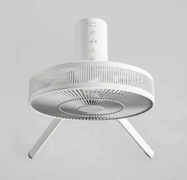 White NatureWind Studio tilted upward, showing the dual blades, tripod legs and control buttons
