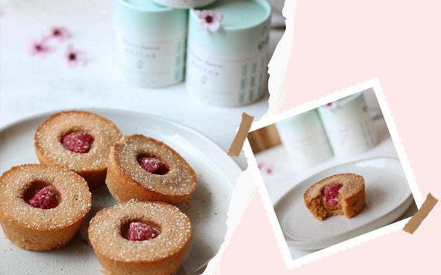 Raspberry Sakura Tea Cakes with Matcha Powdered Sugar  (Video Recipe)