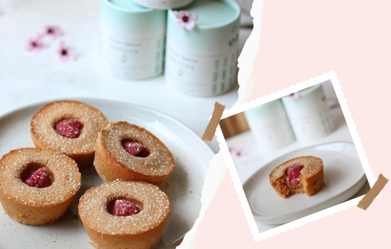 Raspberry Sakura Tea Cakes with Matcha Powdered Sugar  (Video Recipe)