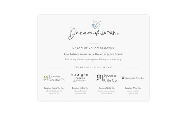 Dream of Japan Rewards - one points balance across Japanese Green Tea Co., Japanese Coffee Co., Japanese Knife Co. and Japanese Wine Co.