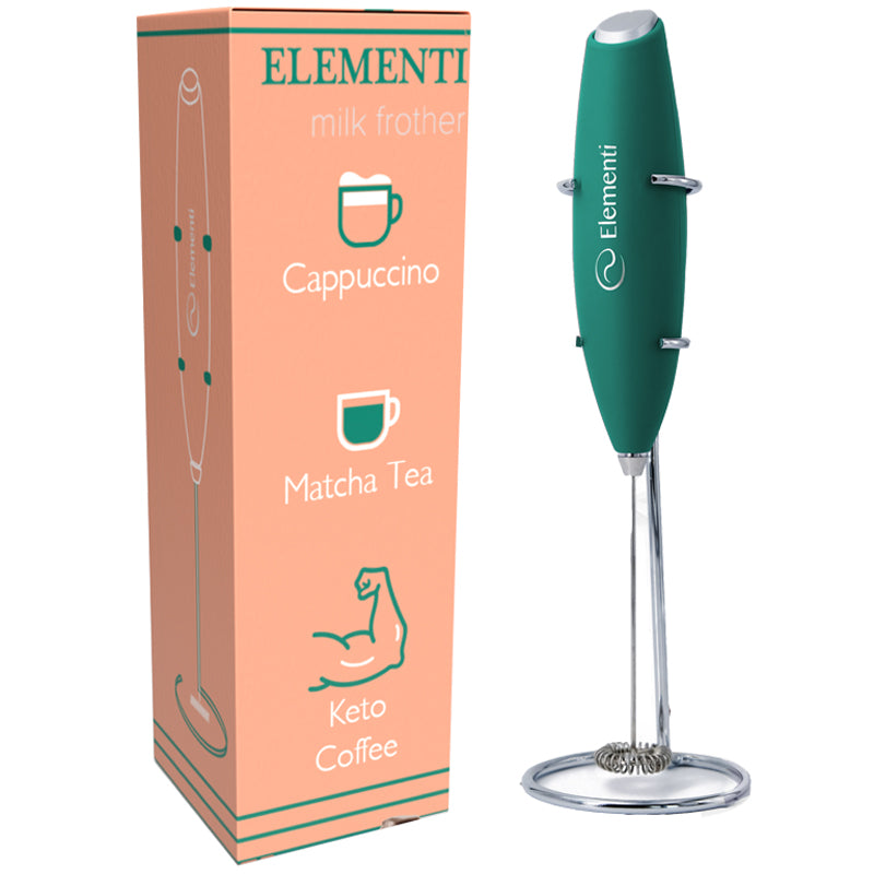 Elementi Handheld Milk Frother with Stand - Mini Mixer for Powder Drinks - Handheld Frother for Coffee - Electric Wisk - Hand Mixer Cordless 