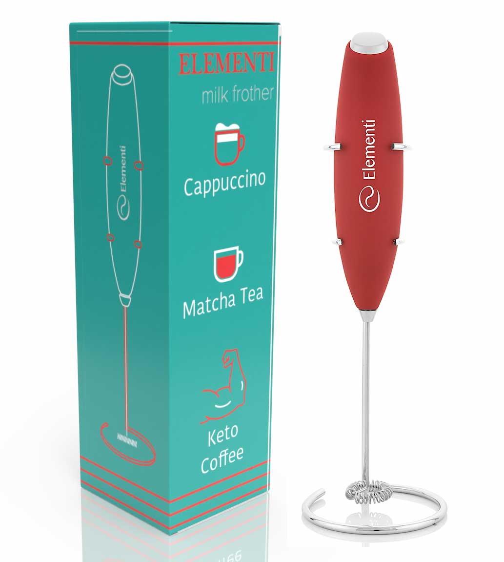 Elementi Electric Milk Frother Handheld (Red)