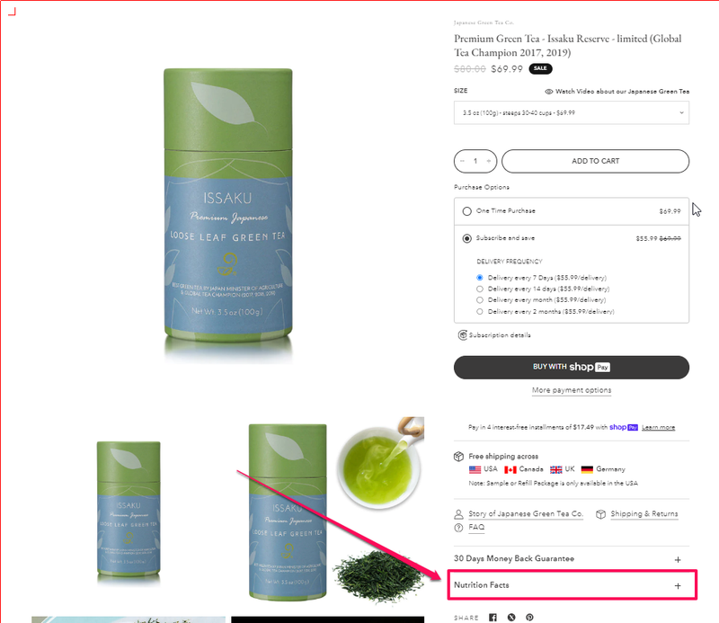 Screenshot of an Issaku Reserve product page with an arrow pointing to the Nutrition Facts section near the bottom