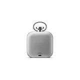 Silver flask with a ring on top on a white background