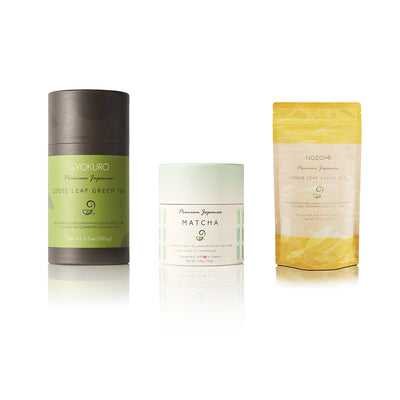 The Covered Trio Gift Set - Ceremonial Matcha, Gyokuro, and Nozomi Japanese Green Tea Set Package