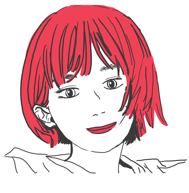 Illustrated portrait of the designer Miki Pon, with red bobbed hair